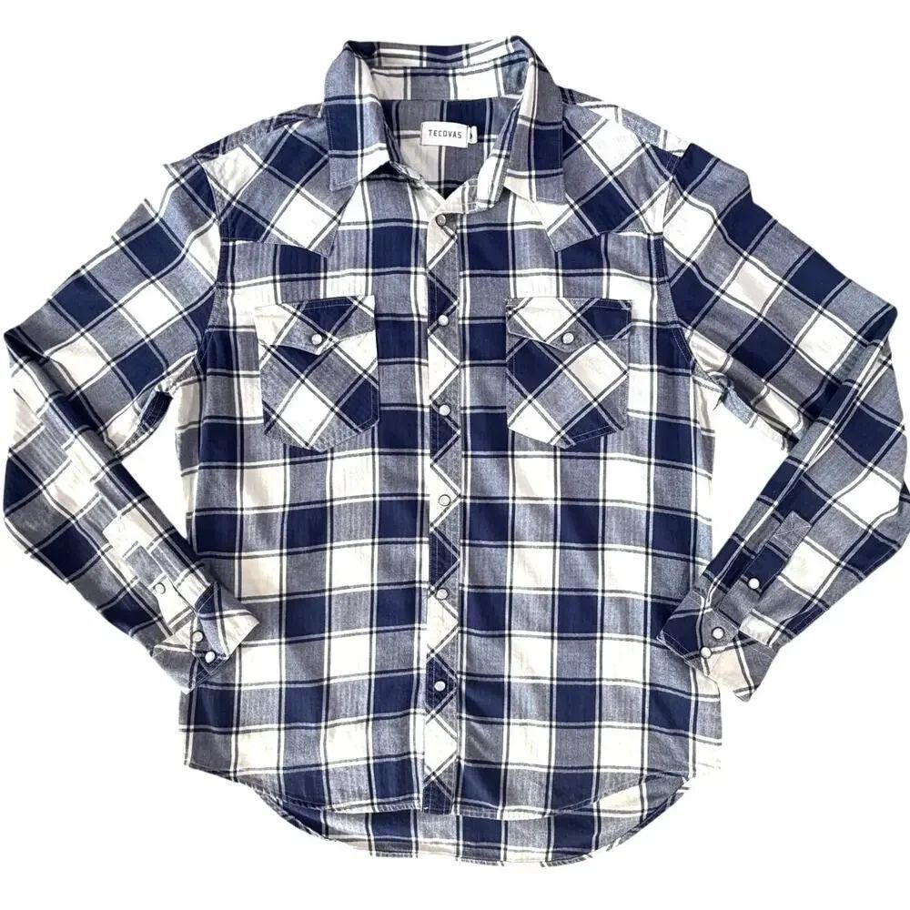 Tecovas Pearl Snap Western Shirt Men’s Medium Blue White Plaid Button Down Ranch